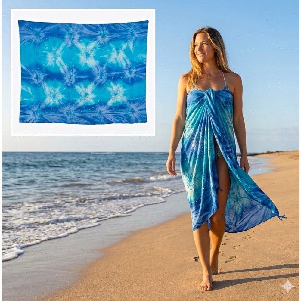 Women's Blue Tie Dye Swim Cover Up 66” x 44” One Size Beaded & Embroidered Beach
